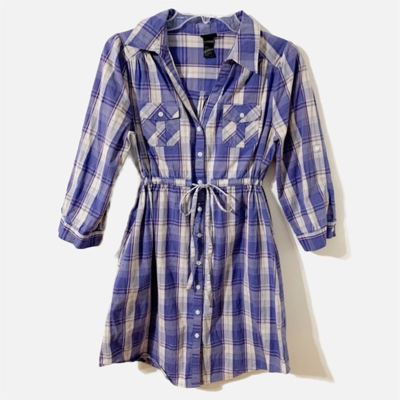 H & M Button Front Plaid Pointed Collar Shirt Dress Drawstring Waist Tie Pockets - Picture 1 of 14